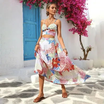 Women Sexy Abstract Print Camisole Loose Skirt Two-Piece Set
