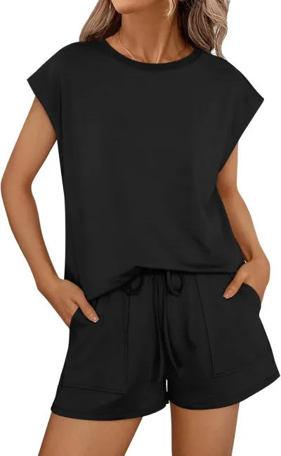 Women Fashion Casual Solid Color Round Neck Sleeveless T-Shirt Loose Shorts Two-Piece Set