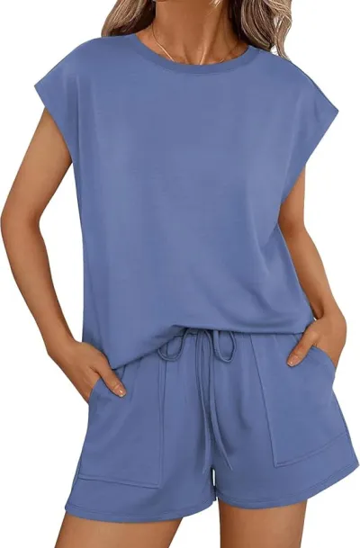 Women Fashion Casual Solid Color Round Neck Sleeveless T-Shirt Loose Shorts Two-Piece Set