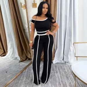 Women Casual Contrast Stitching Short-Sleeve T-Shirt High Waist Pants Set