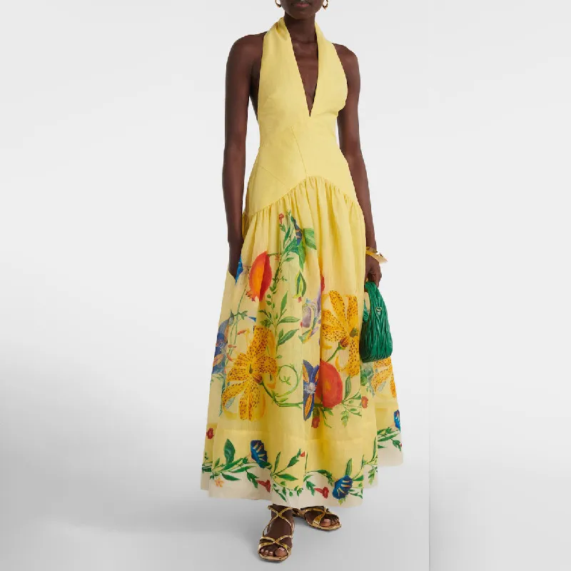 Women Fashion Sexy Printed Deep V-Neck Halter Backless Maxi Dress