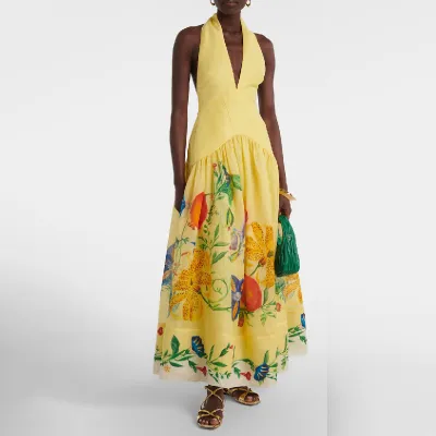 Women Fashion Sexy Printed Deep V-Neck Halter Backless Maxi Dress