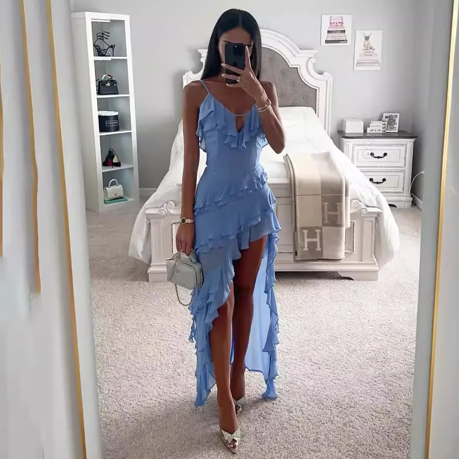 Women Fashion Sexy Irregular Ruffled Spaghetti Strap Dress