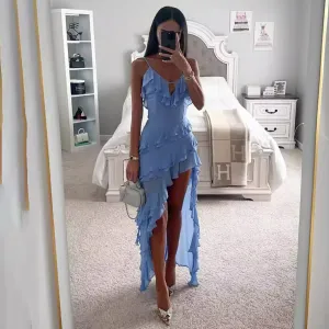Women Fashion Sexy Irregular Ruffled Spaghetti Strap Dress