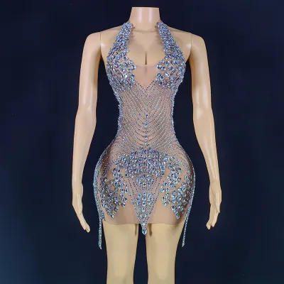 Women Fashion Sexy Solid Color Perspective Rhinestone Halter-Neck Sleeveless Backless Dress