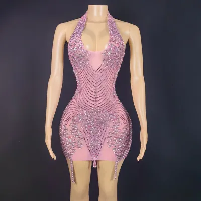 Women Fashion Sexy Solid Color Perspective Rhinestone Halter-Neck Sleeveless Backless Dress