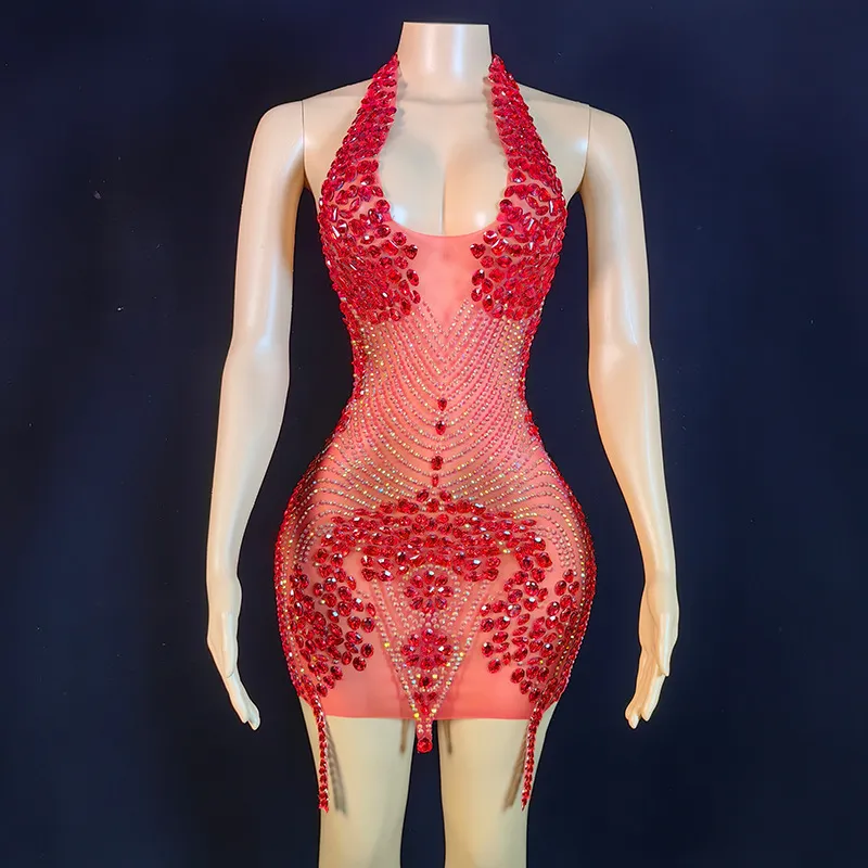 Women Fashion Sexy Solid Color Perspective Rhinestone Halter-Neck Sleeveless Backless Dress