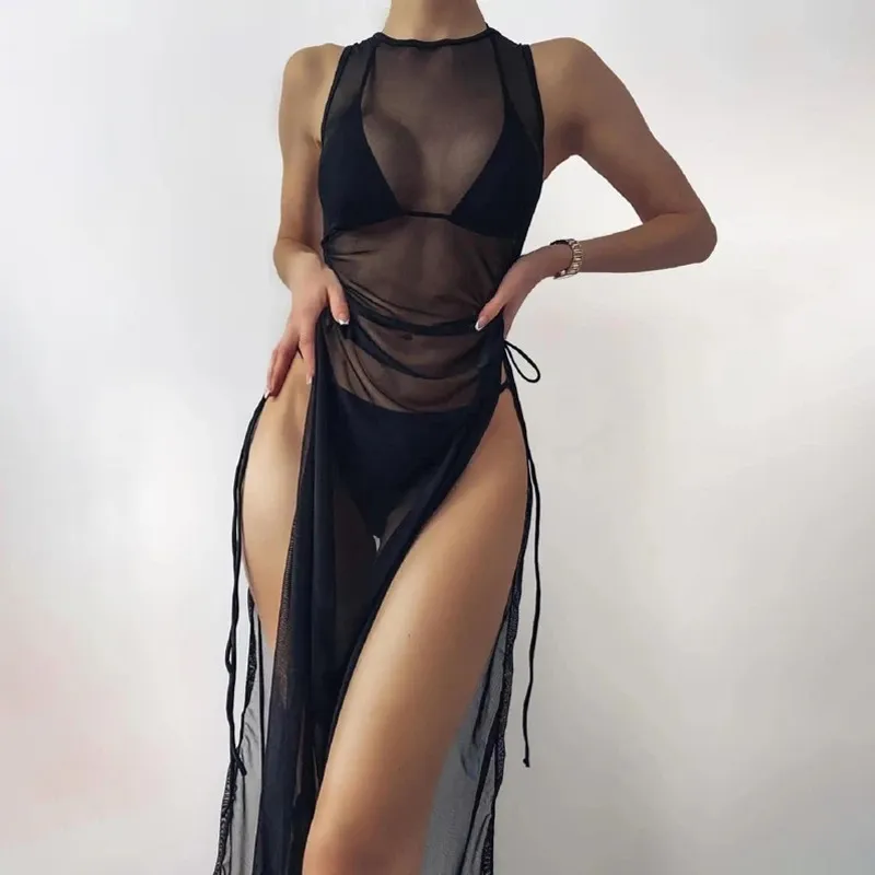 Women Fashion Sexy Solid Color Bikini Sleeveless Swimsuit Cover-Ups Three-Piece Set