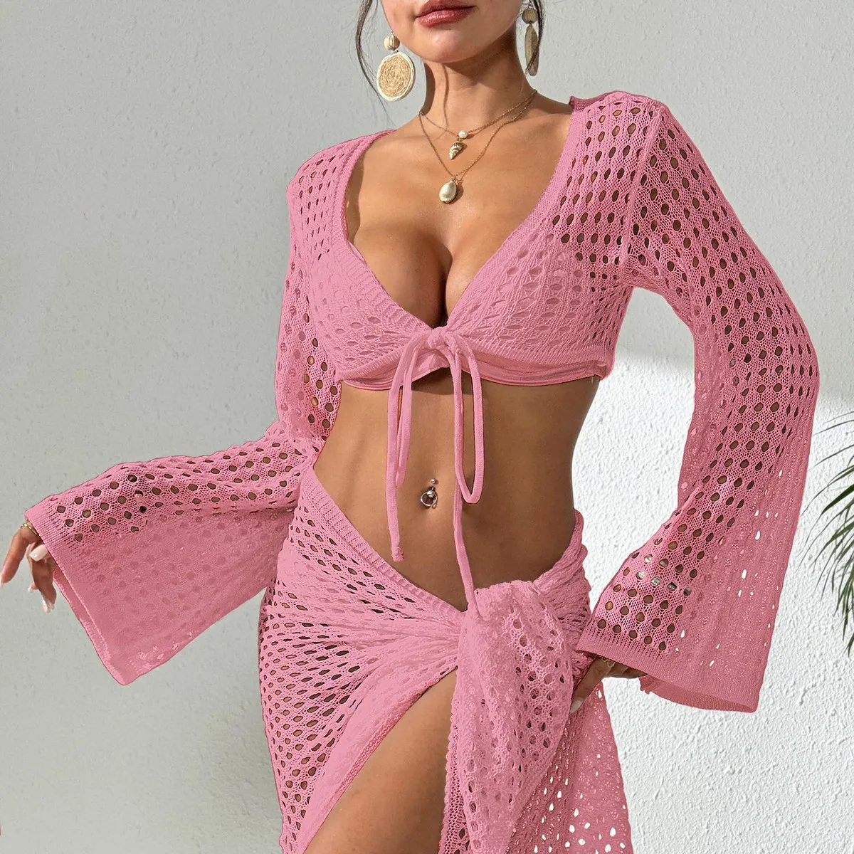 Women Fashion Casual Solid Color Hollow-Out Long-Sleeve Lace-Up Swimsuit Cover-Ups