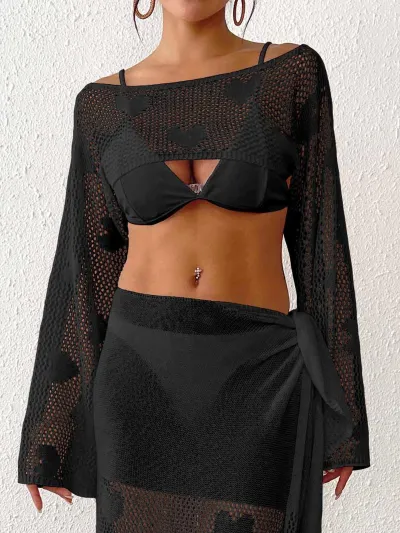 Women Fashion Solid Color Love Jacquard Hollow-Out Long-Sleeve Short Swimsuit Cover-Ups
