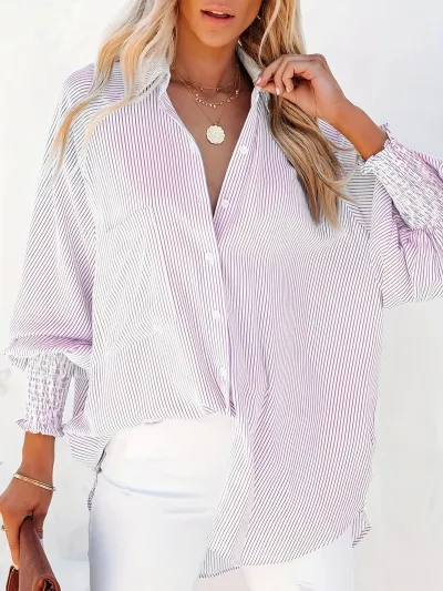 Women Fashion Casual Stripe Lapel Long Sleeve Swimsuit Cover-Ups