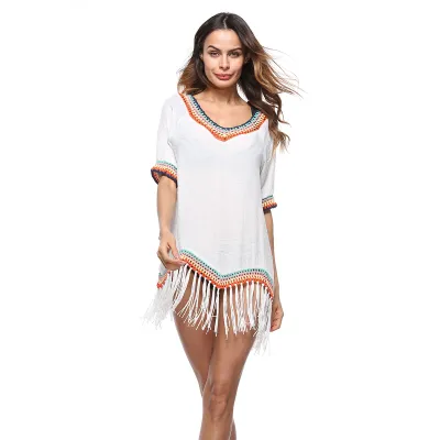Women Fashion Casual Vacation V-Neck Short-Sleeve Tassel Loose Swimsuit Cover-Ups