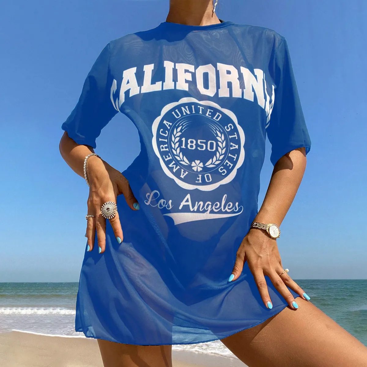 Women Fashion Casual Mesh Print Short-Sleeve Loose Swimsuit Cover-Ups