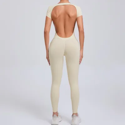 Women's Casual Solid Color Tight Backless Sports Jumpsuit