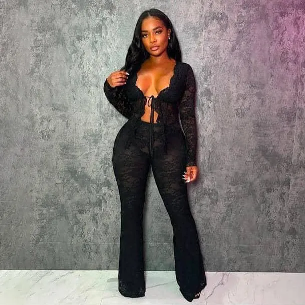 Women Fashion Sexy Solid Color Lace Hollow-Out Lace-Up Long Sleeve Top Tight Pants Two-Piece Set