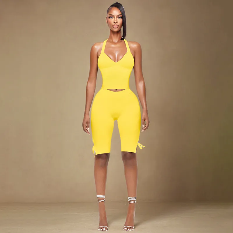 Women Fashion Solid Color Halter-Neck Backless Tank Top Tight Bowknot Shorts Two-Piece Set