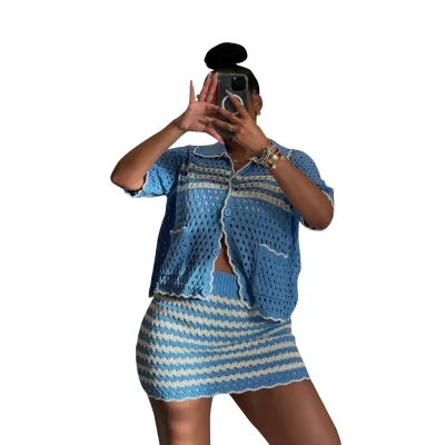 Women Fashion Casual Color Block Knitted Hollow-Out Lapel Short-Sleeve Top Loose Skirts Two-Piece Set