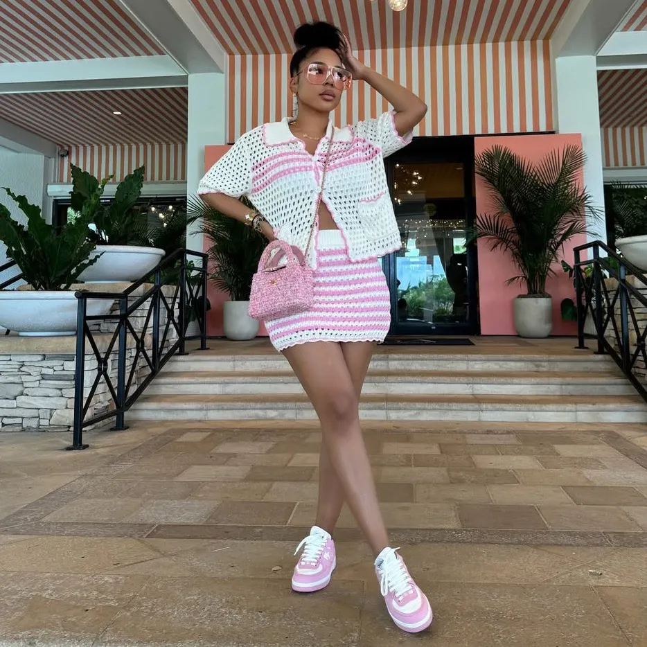 Women Fashion Casual Color Block Knitted Hollow-Out Lapel Short-Sleeve Top Loose Skirts Two-Piece Set