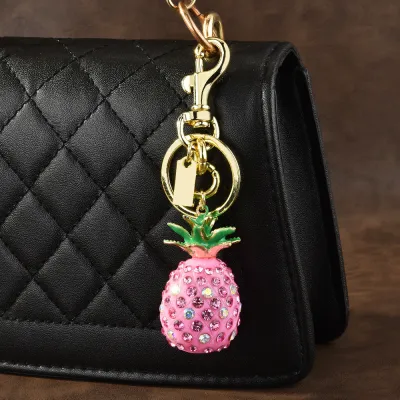 Fashion Rhinestone Strawberry Pineapple Pendant Metal Keychain