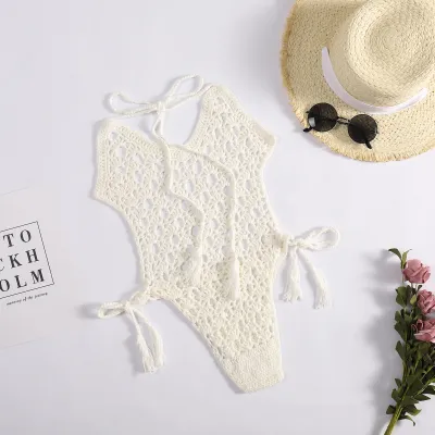 Women Fashion Sexy Solid Color Knitted Hollow-Out Lace-Up One-Piece Swimsuit