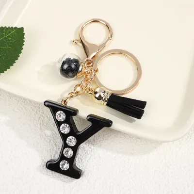 Black Resin Letter Rhinestone Keychain Modern Art Style Keychain