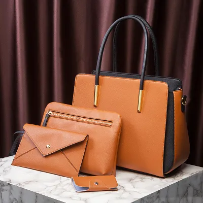 Fashion Color Block PU Handbag Set with Zipper