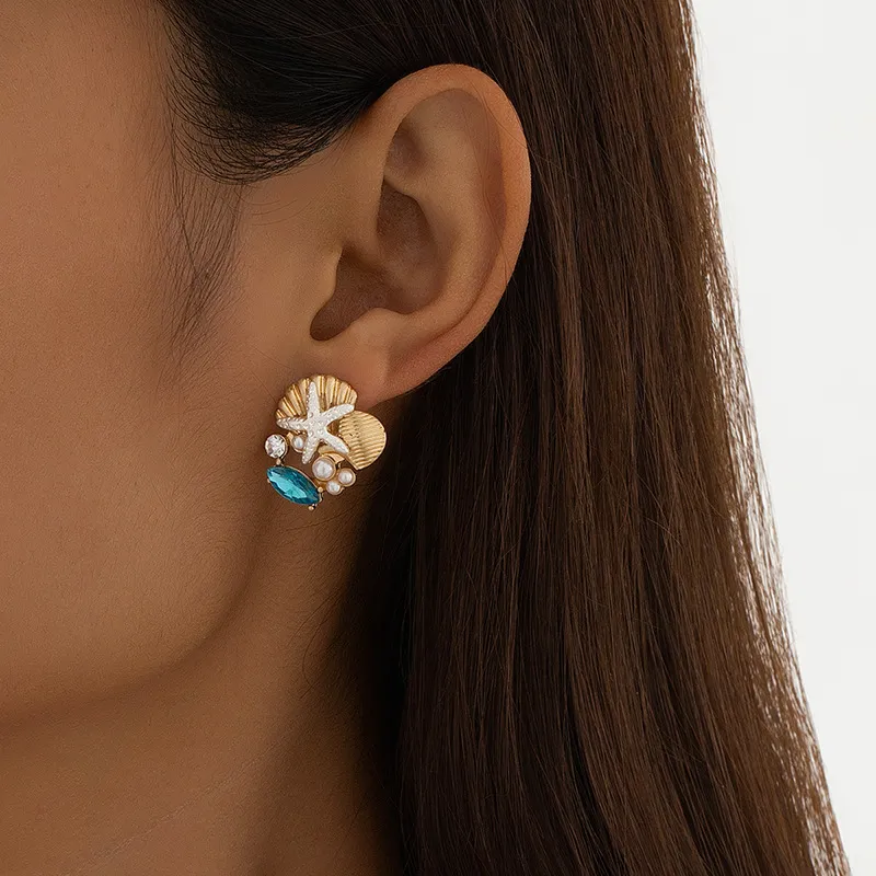 Women Fashion Vacation Glass Gem Starfish Shell Pearl Earrings Zinc Alloy Geometric