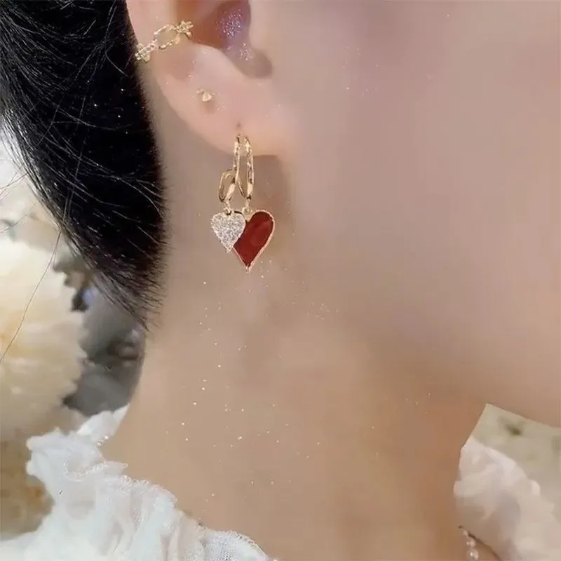 Women Fashion Simple Zircon Red Love Heart Geometric Earrings