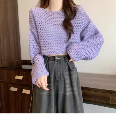 Women Fashion Casual Solid Color Hollow-Out Knitted Long-Sleeve Swimsuit Cover-Ups