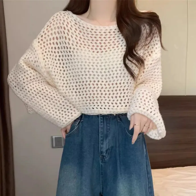Women Fashion Casual Solid Color Hollow-Out Knitted Long-Sleeve Swimsuit Cover-Ups