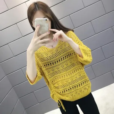Women Fashion Casual Solid Color Hollow-Out Knitted Long-Sleeve Drawstring Swimsuit Cover-Ups