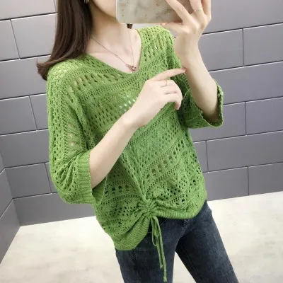 Women Fashion Casual Solid Color Hollow-Out Knitted Long-Sleeve Drawstring Swimsuit Cover-Ups
