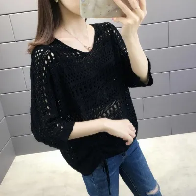 Women Fashion Casual Solid Color Hollow-Out Knitted Long-Sleeve Drawstring Swimsuit Cover-Ups