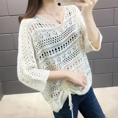 Women Fashion Casual Solid Color Hollow-Out Knitted Long-Sleeve Drawstring Swimsuit Cover-Ups