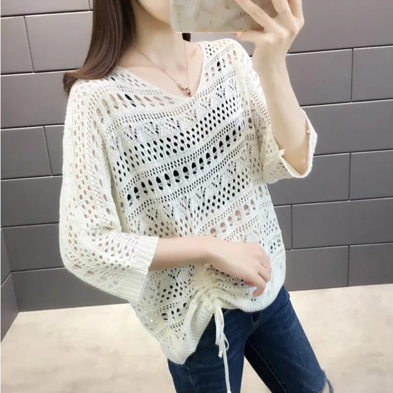 Women Fashion Casual Solid Color Hollow-Out Knitted Long-Sleeve Drawstring Swimsuit Cover-Ups