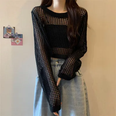 Women Fashion Casual Solid Color Hollow-Out Knitted Long-Sleeve Swimsuit Cover-Ups