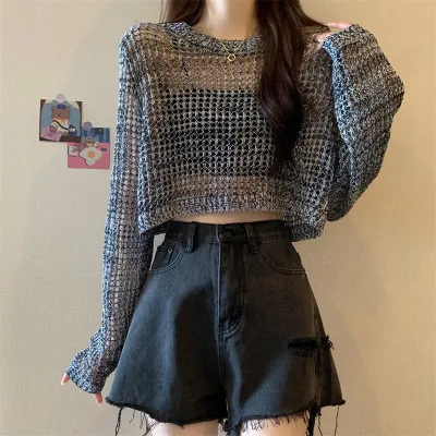 Women Fashion Casual Solid Color Hollow-Out Knitted Long-Sleeve Swimsuit Cover-Ups