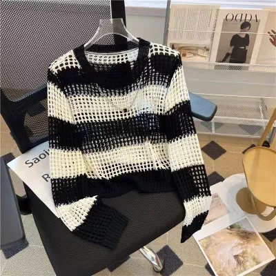 Women Fashion Casual Solid Color Hollow-Out Knitted Long-Sleeve Swimsuit Cover-Ups