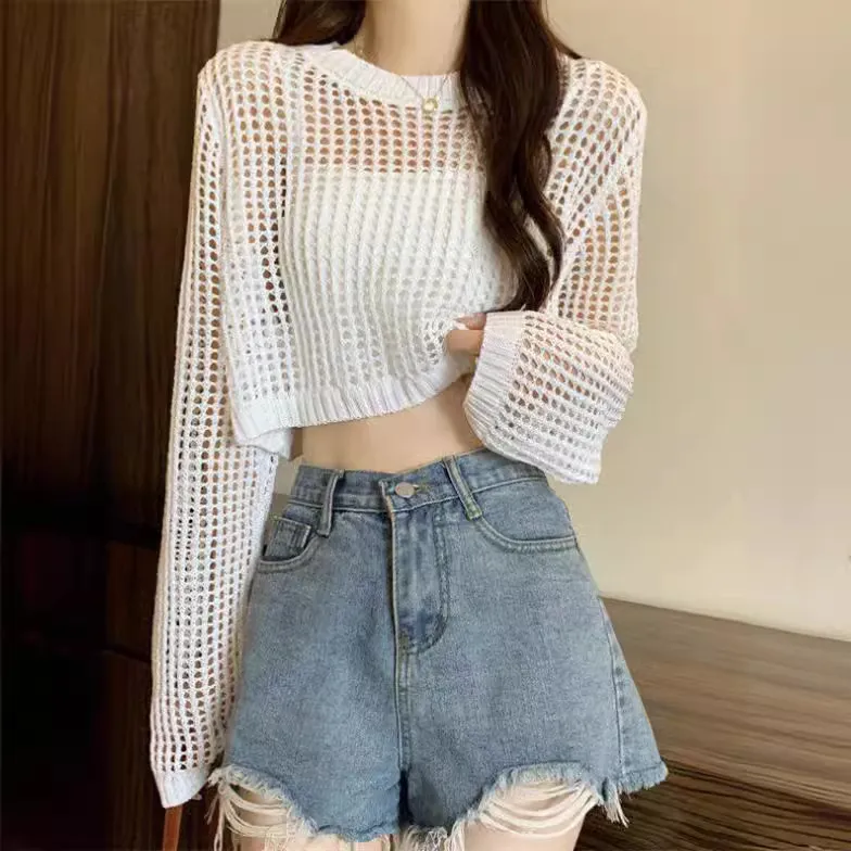 Women Fashion Casual Solid Color Hollow-Out Knitted Long-Sleeve Swimsuit Cover-Ups
