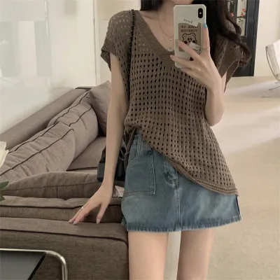 Women Fashion Solid Color Hollow-Out Knitted V-Neck Short-Sleeve Swimsuit Cover-Ups
