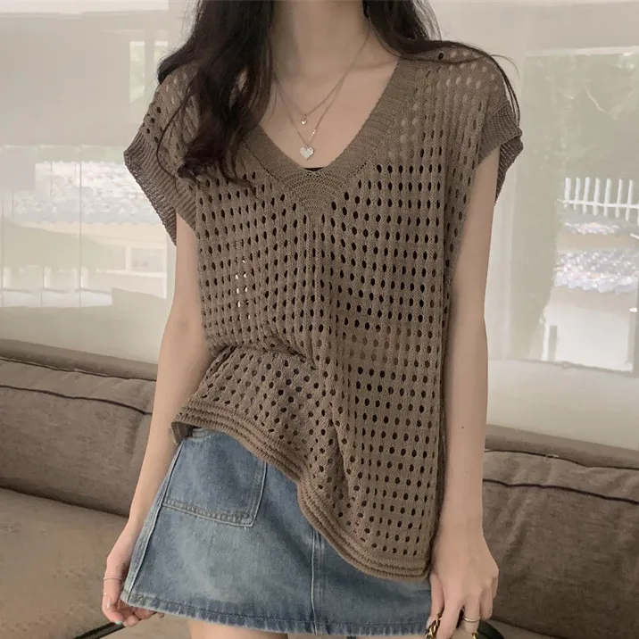Women Fashion Solid Color Hollow-Out Knitted V-Neck Short-Sleeve Swimsuit Cover-Ups