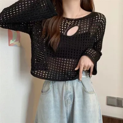 Women Fashion Casual Solid Color Hollow-Out Long-Sleeve Swimsuit Cover-Ups