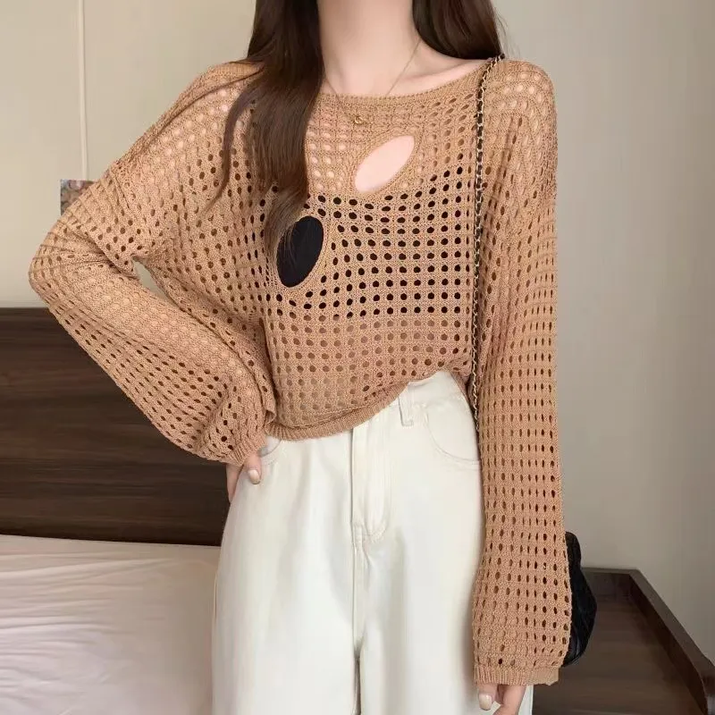 Women Fashion Casual Solid Color Hollow-Out Long-Sleeve Swimsuit Cover-Ups