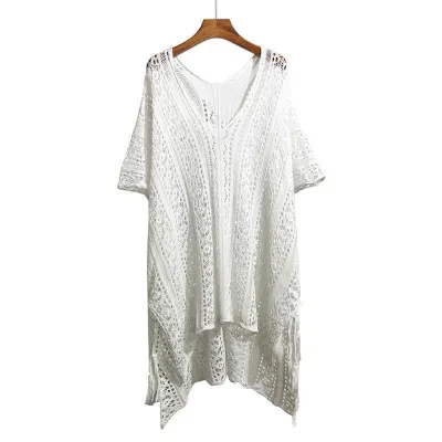 Women Fashion Casual Solid Color Hollow-Out V-Neck Short-Sleeve Swimsuit Cover-Ups