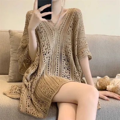 Women Fashion Casual Solid Color Hollow-Out V-Neck Short-Sleeve Swimsuit Cover-Ups