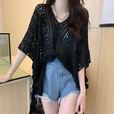 Women Fashion Casual Solid Color Hollow-Out V-Neck Short-Sleeve Swimsuit Cover-Ups