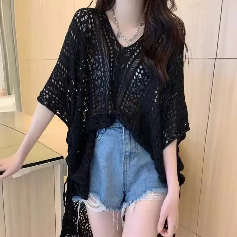 Women Fashion Casual Solid Color Hollow-Out V-Neck Short-Sleeve Swimsuit Cover-Ups