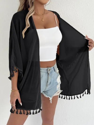 Women Fashion Casual Solid Color Chiffon Tassel Stitching Swimsuit Cover-Ups