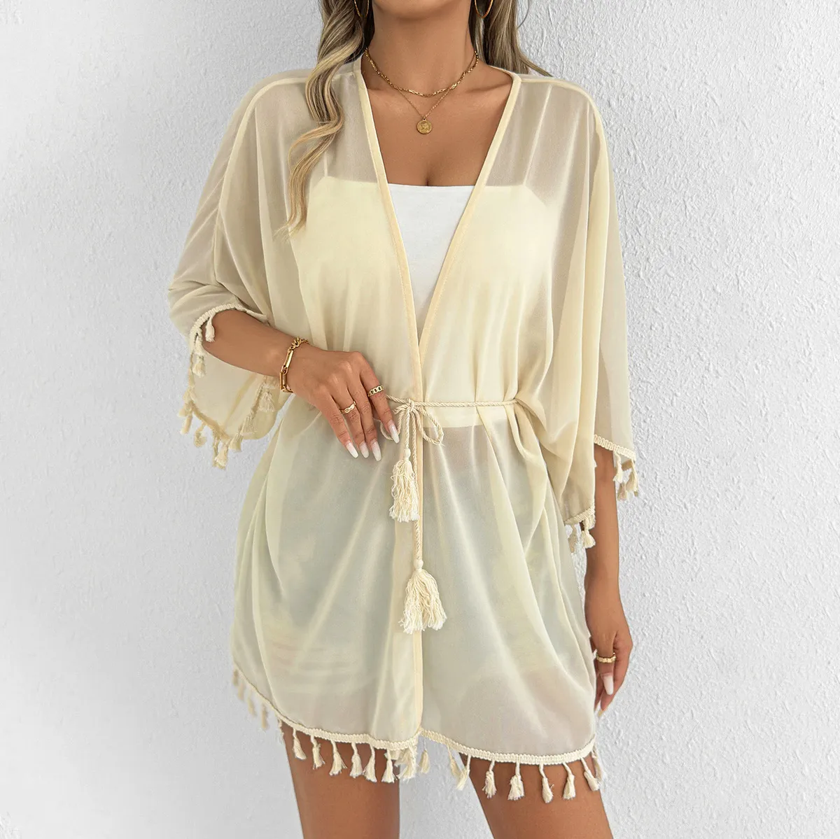 Women Fashion Casual Solid Color Chiffon Tassel Stitching Swimsuit Cover-Ups
