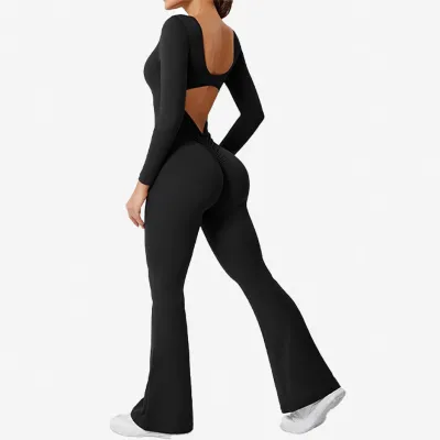 Women Casual Solid Color Square Neck Long-Sleeve Backless Yoga Sports Jumpsuit
